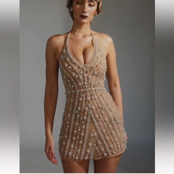 Oh Polly | Dresses | Limited Edition Oh Polly Vittoria Hand Embellished  Sheer Mini Dress In Almond | Poshmark